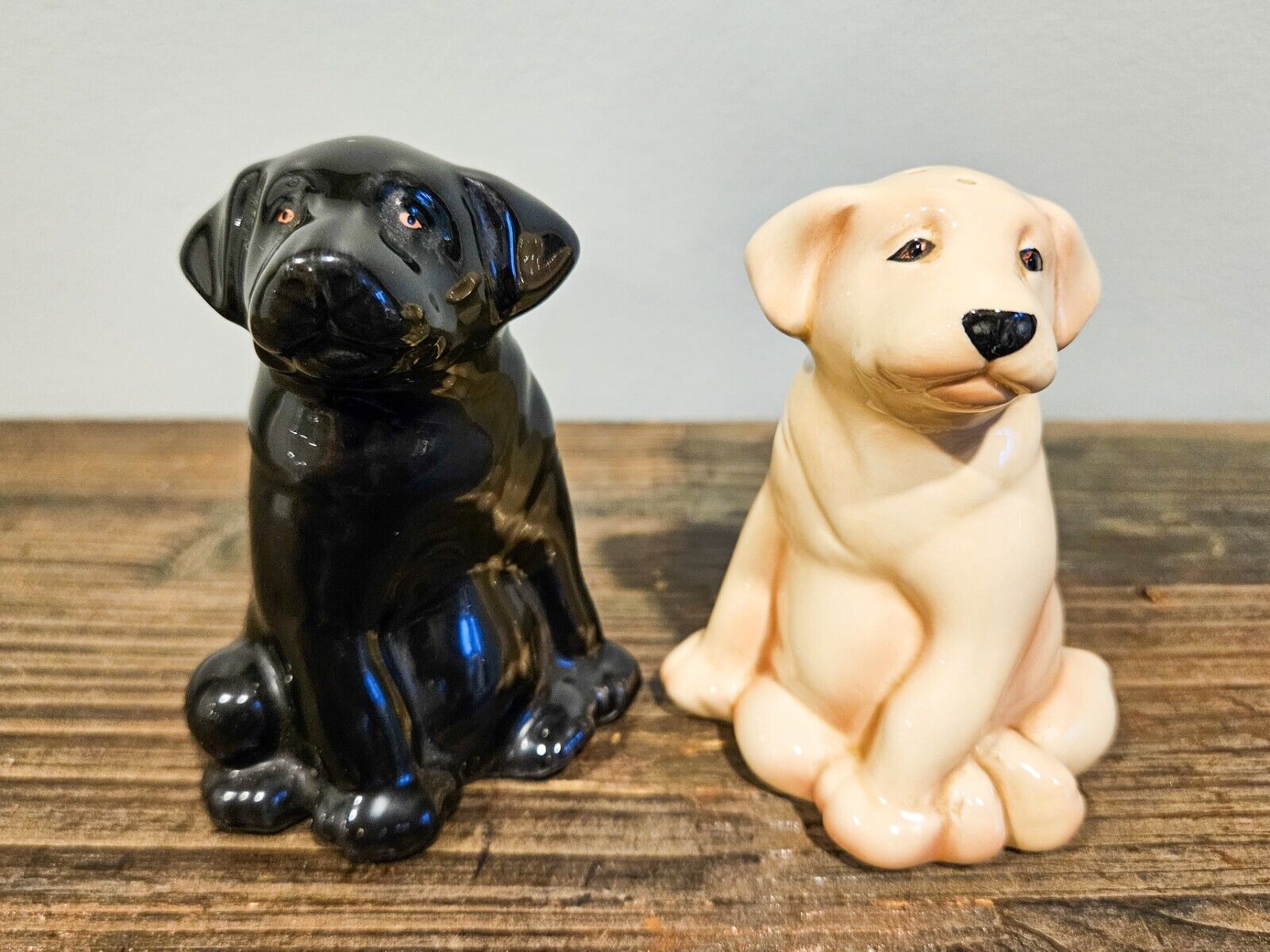 Vintage Ceramic Hand Painted Black and Yellow Labrador Puppy Salt and Pepper...