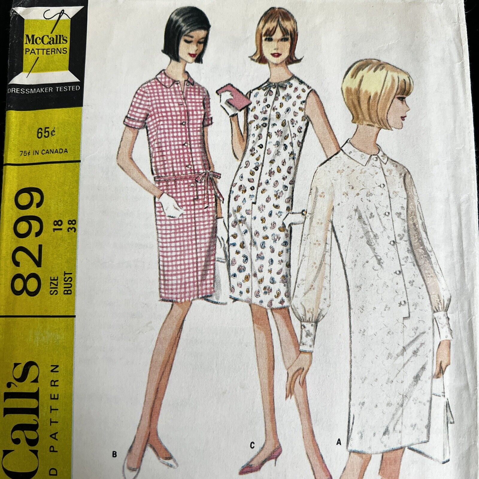 Vintage 1960s McCalls 8299 Slim Collared Button Dress Sewing Pattern 18 M/L CUT