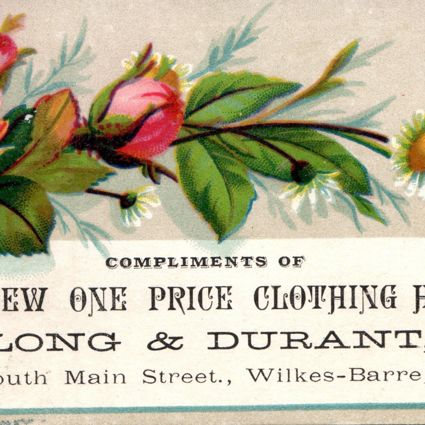 c1880s Wilkes-Barre PA New One Price Clothing Store Trade Card Floral Antique C5