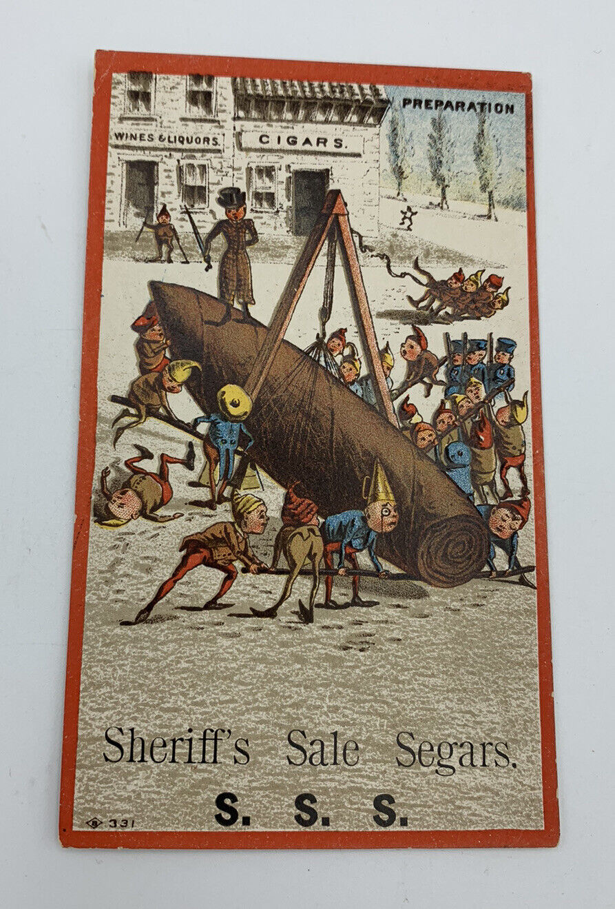 1890\'s Palmer Cox Brownies Cigar Trade Card: Sheriff\'s Sale Segars  S. S.S.