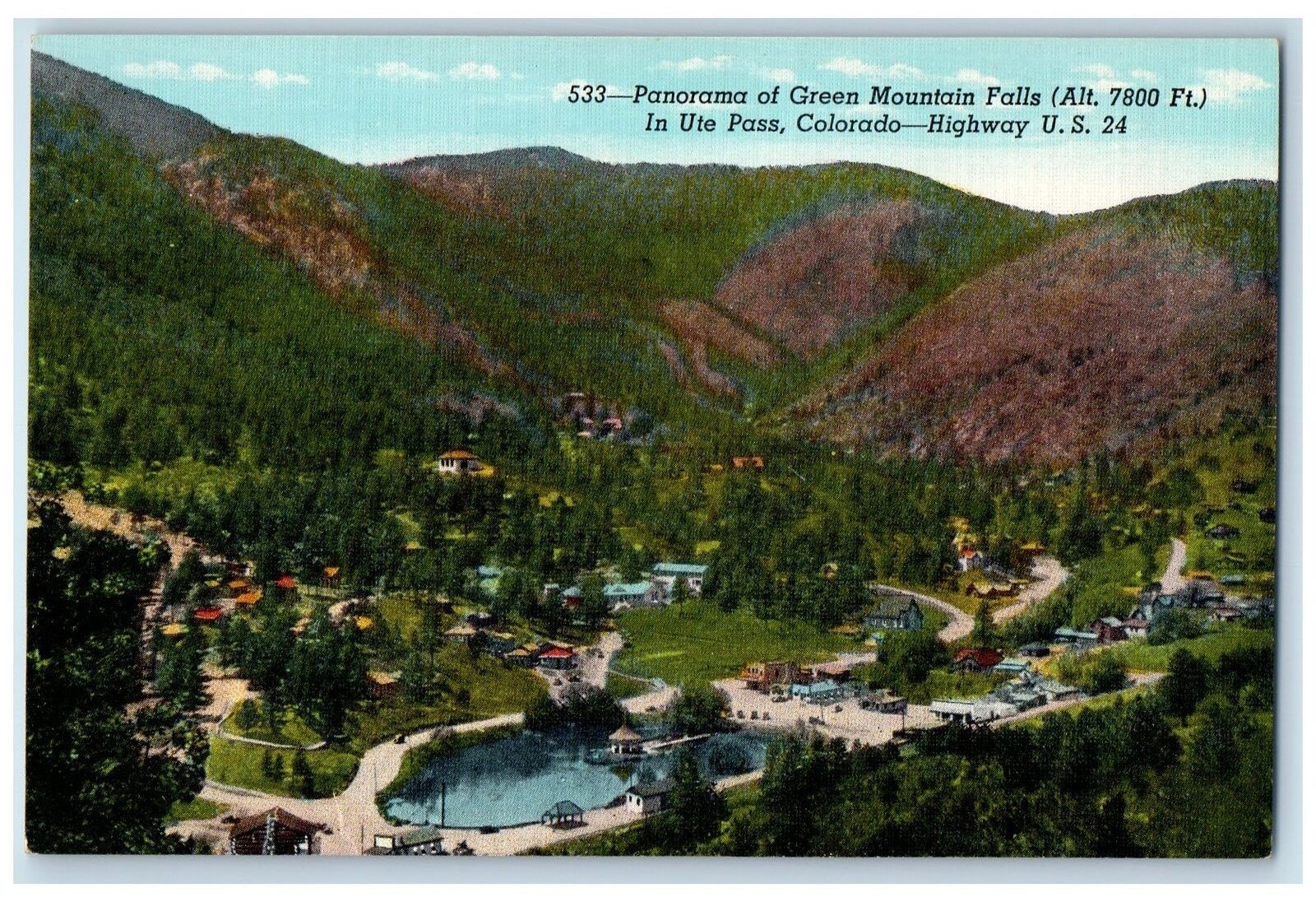 c1950\'s Panorama Of Great Mountain Falls Pond Lake Ute Pass Colorado CO Postcard