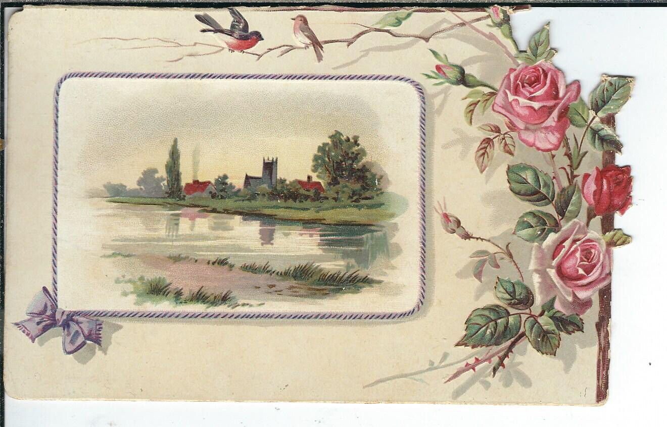 AO-015 Victorian Era Greeting Card Farm Scene with Roses and Birds Die Cut