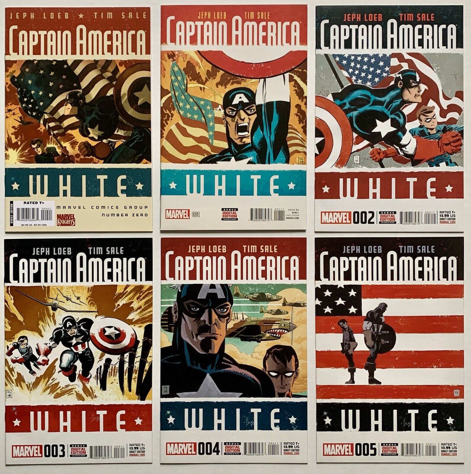 Captain America: White #0 #1-#5 (2015) 6 Books -Tim Sale + Loeb  (NM+) -VINTAGE