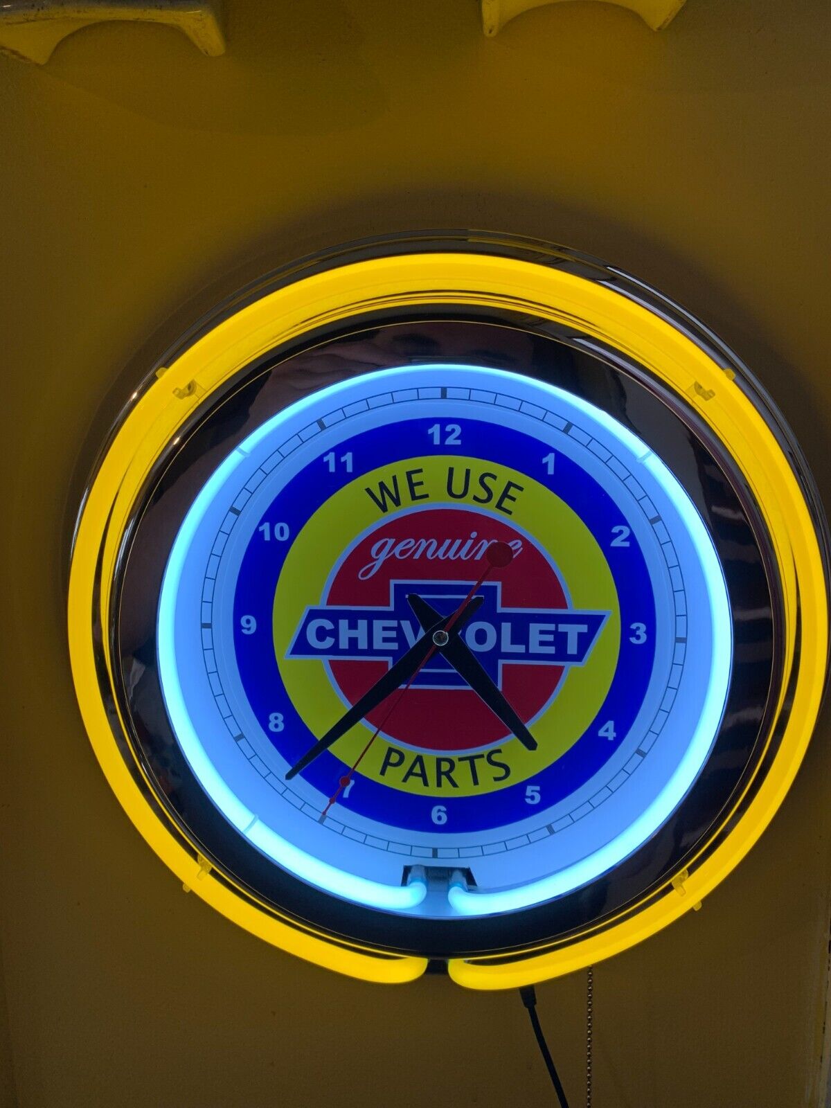 Chevy Chevrolet Motors Auto Garage Man Cave YELLOW Neon Wall Clock Sign