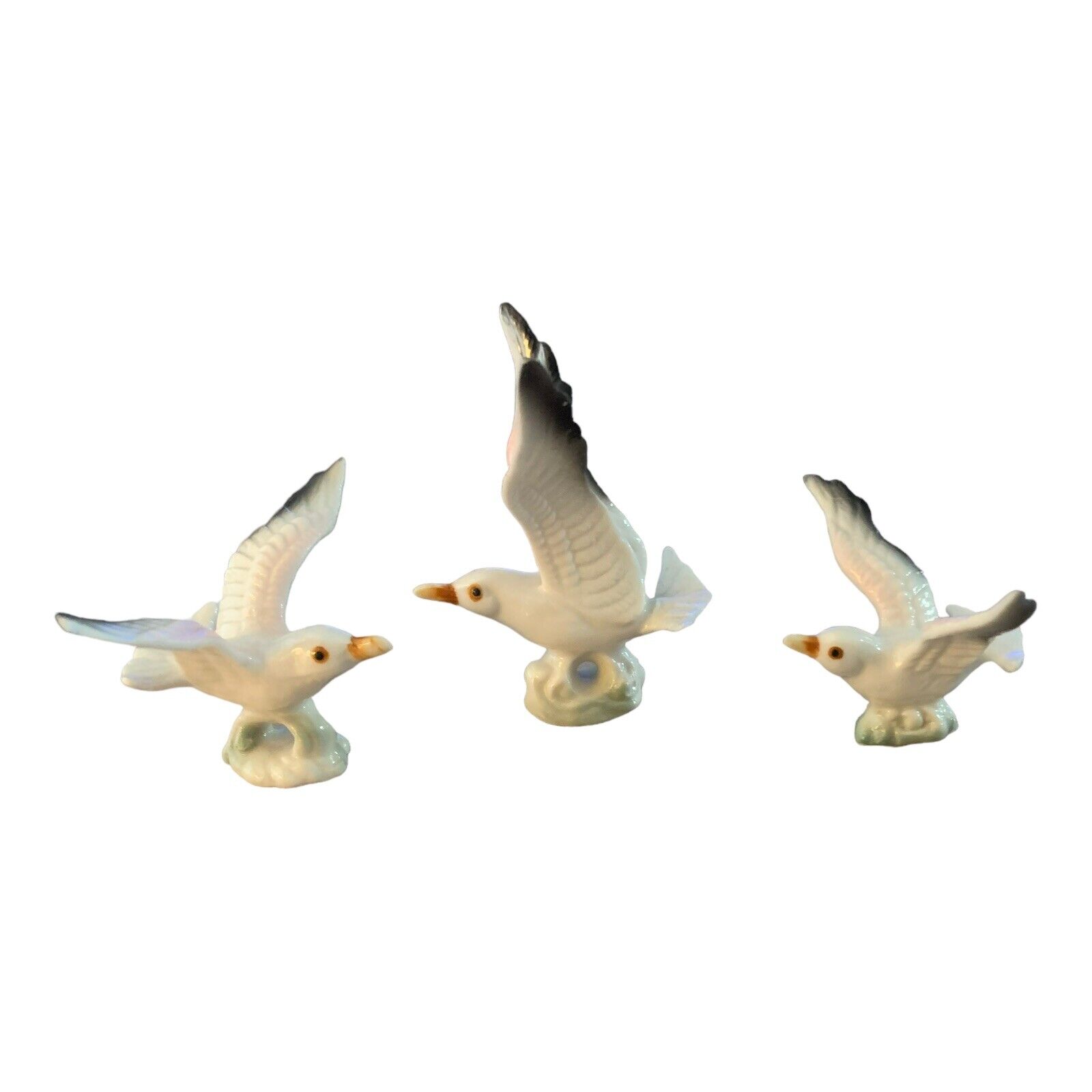 Miniature Family Of Seagulls Bone China Mama Papa Baby Bird Seashore Vibes