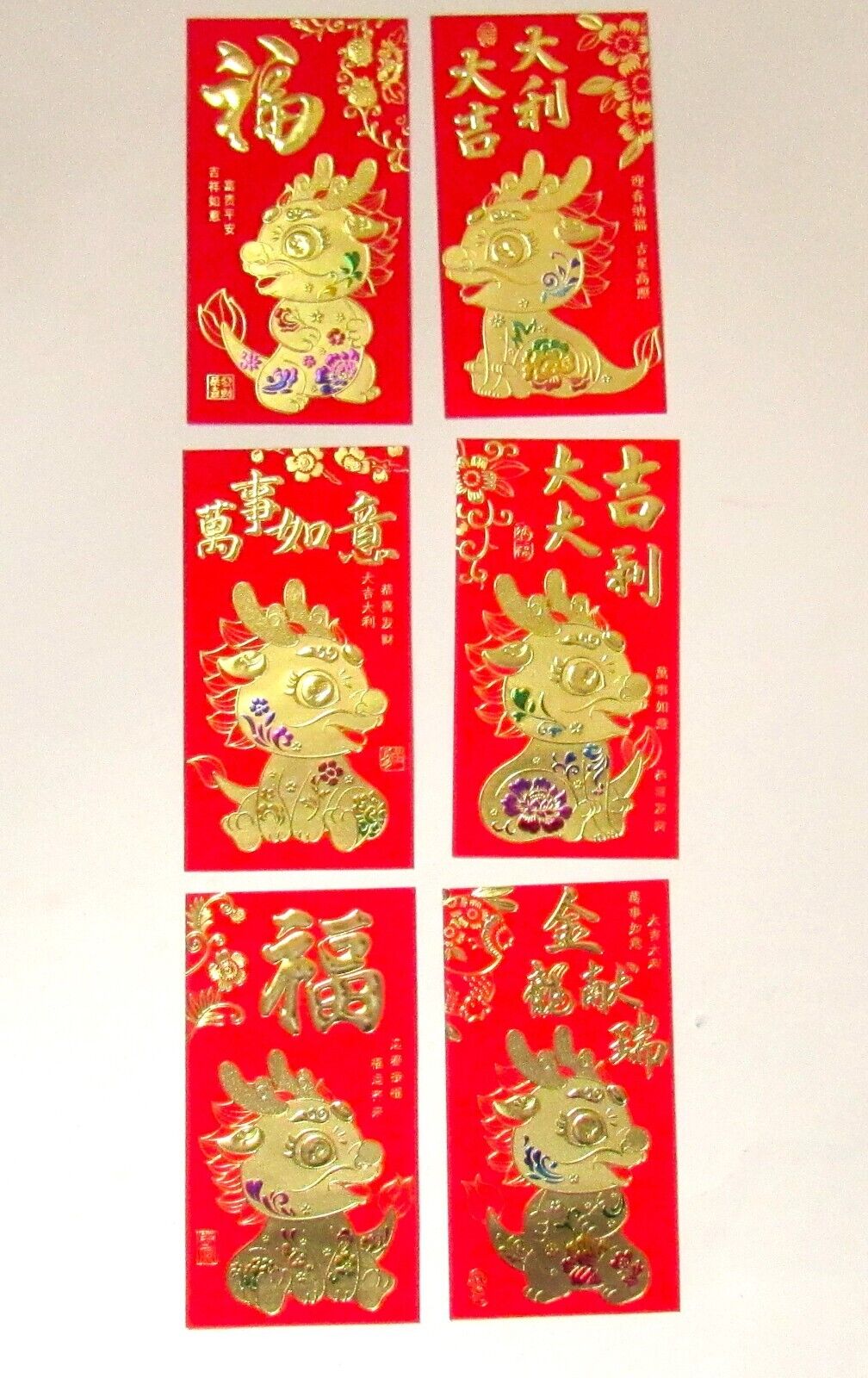 2024 CHINESE NEW YEAR OF DRAGON, HONG BAO LUCKY MONEY, 6 LARGE RED ENVELOPES