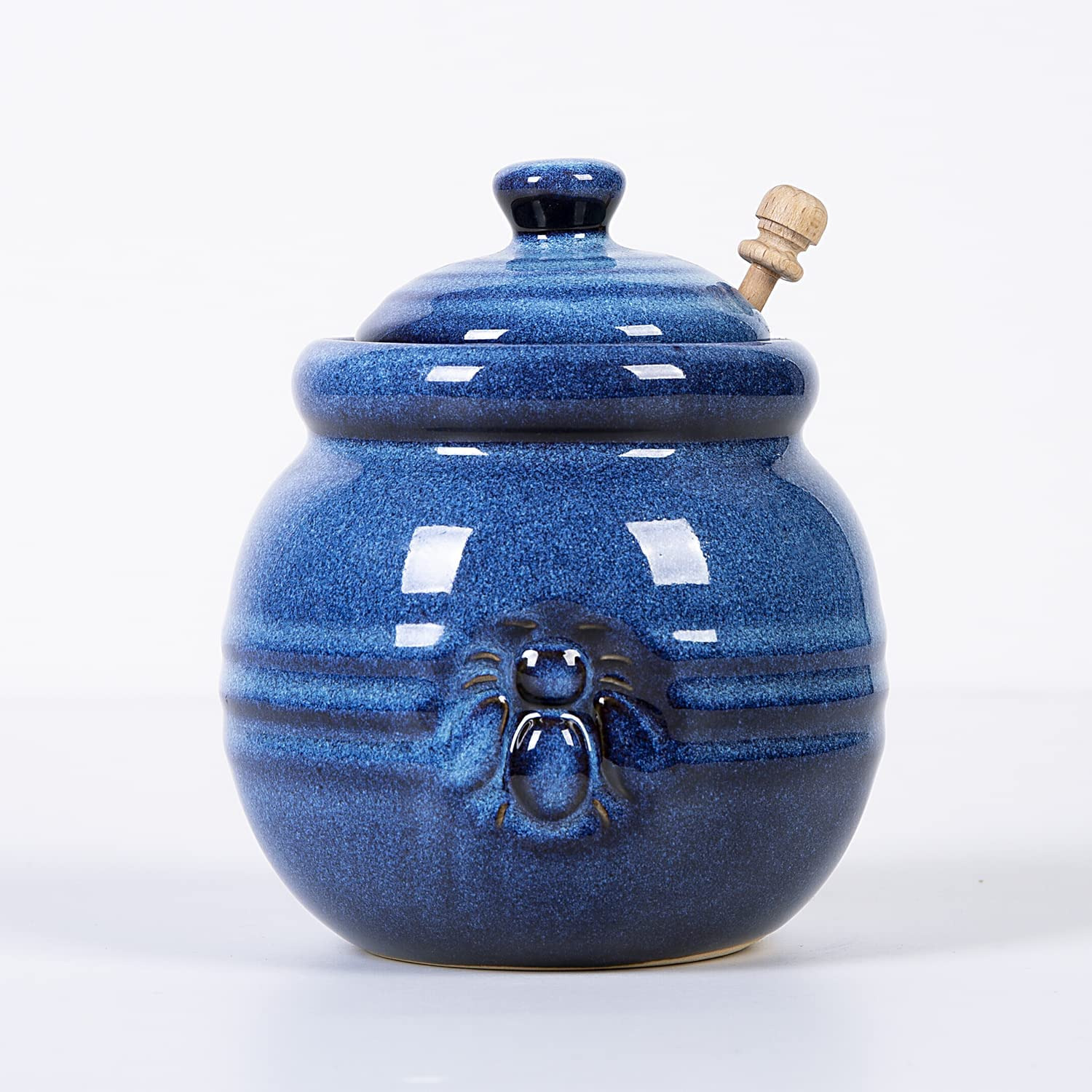 Ceramic Honey Pot with Lid and Dipper, 20Oz Rustic Honey Jar (Blue)