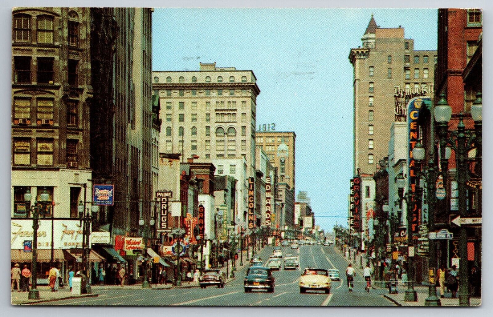 Vintage Postcard NY Rochester Main Street 50s Cars Paine Drug Store Shops -2765