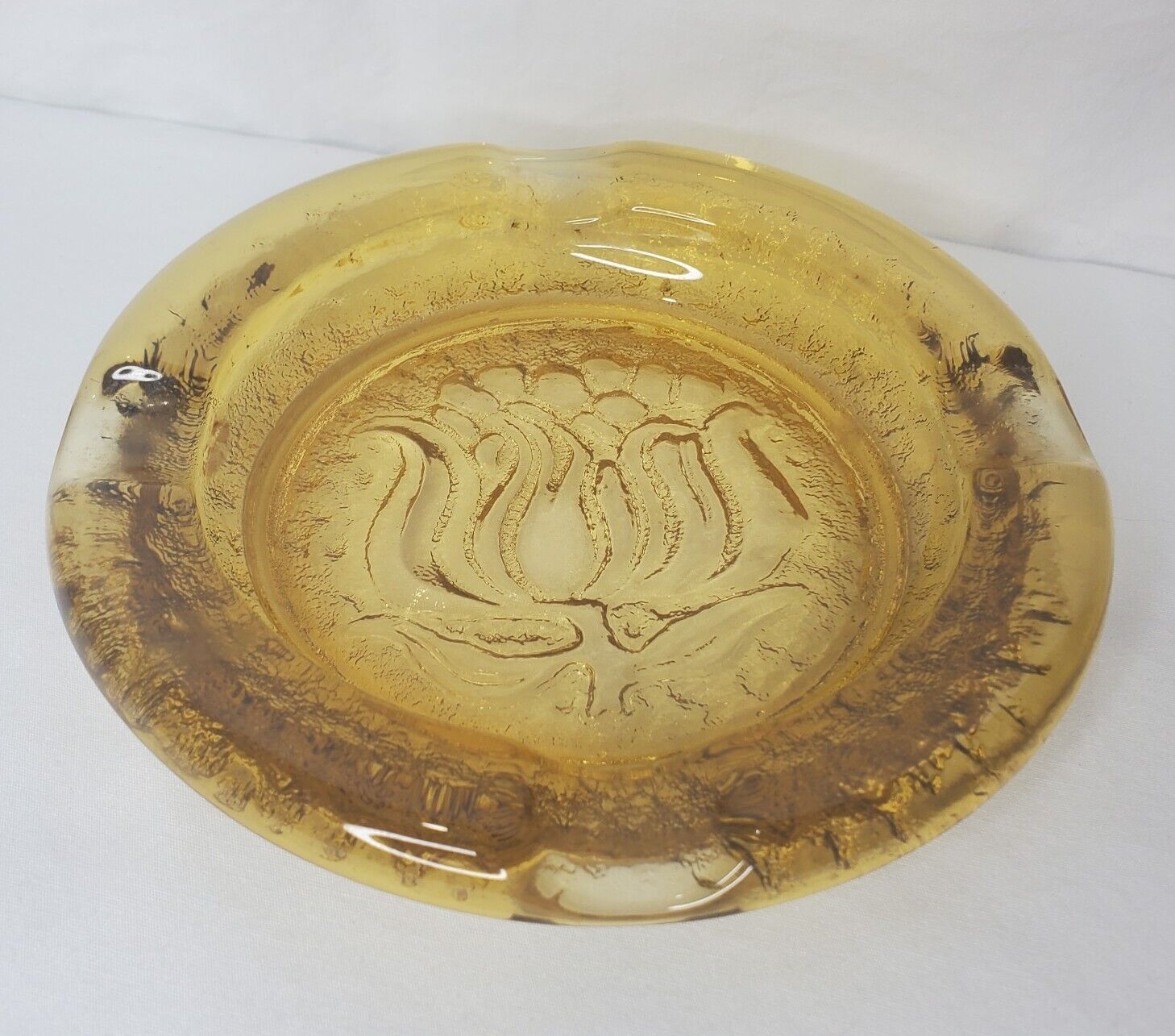 Vintage Honey Gold Amber Glass Ashtray Cigar Flower Design Textured 