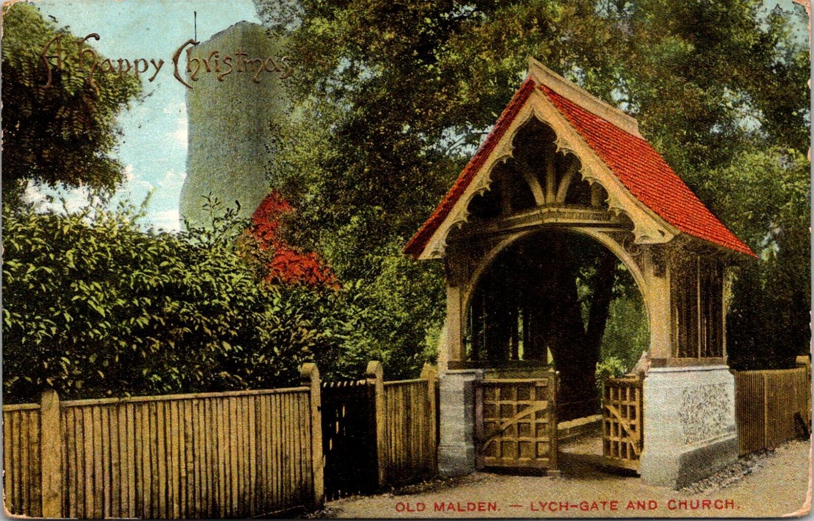 Happy Christmas Old Malden Manor Lychgate Kingston England c1900s Postcard A91