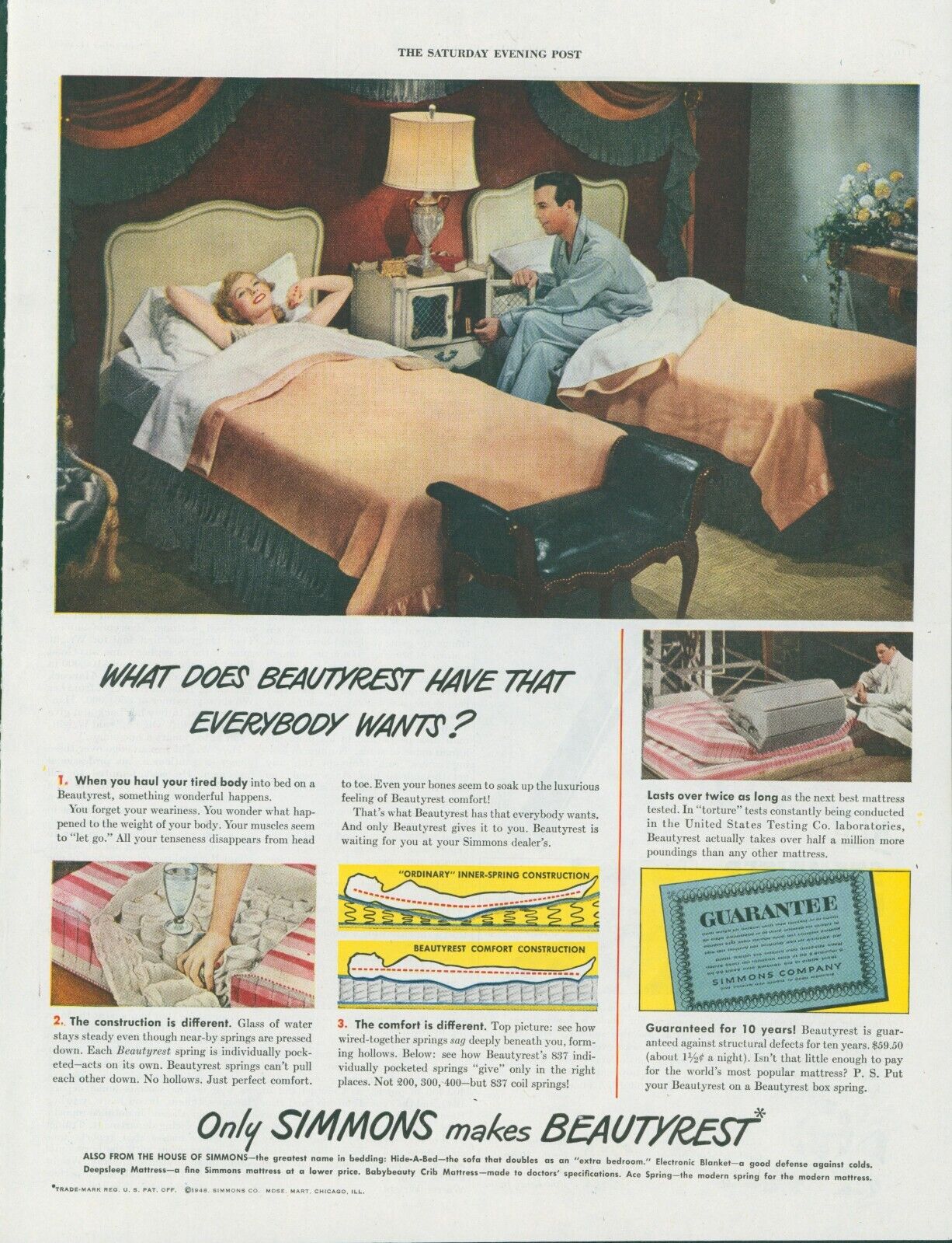 1948 Simmons Beautyrest Couple Twin Beds Bedroom Flowers Vtg Print Ad SP20