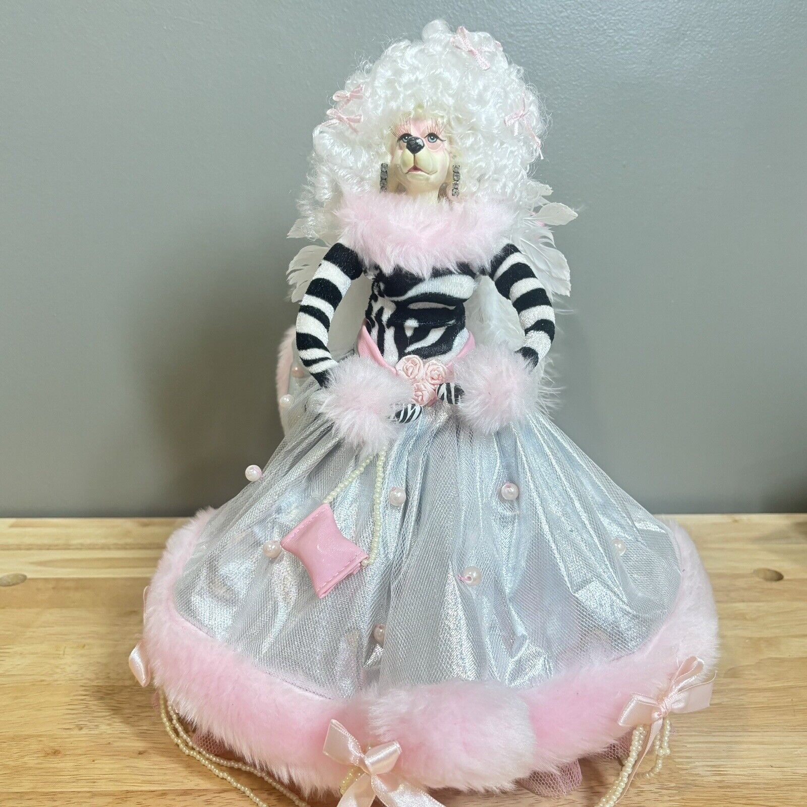 Kitsch Christmas Tree Topper Flying French Poodle Angel Pink and Zebra - VHTF