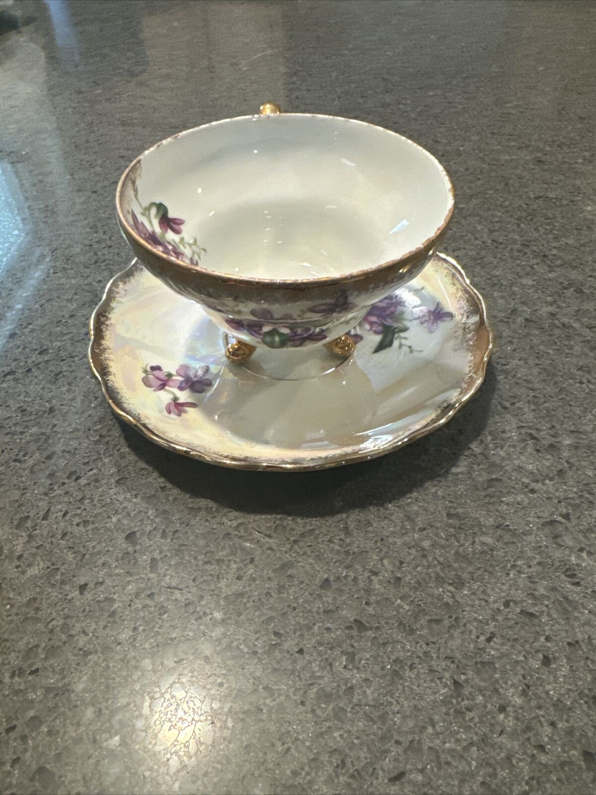 Vintage Royal Sealy Violets Footed Tea Cup and Saucer With Gilt Trim L-921