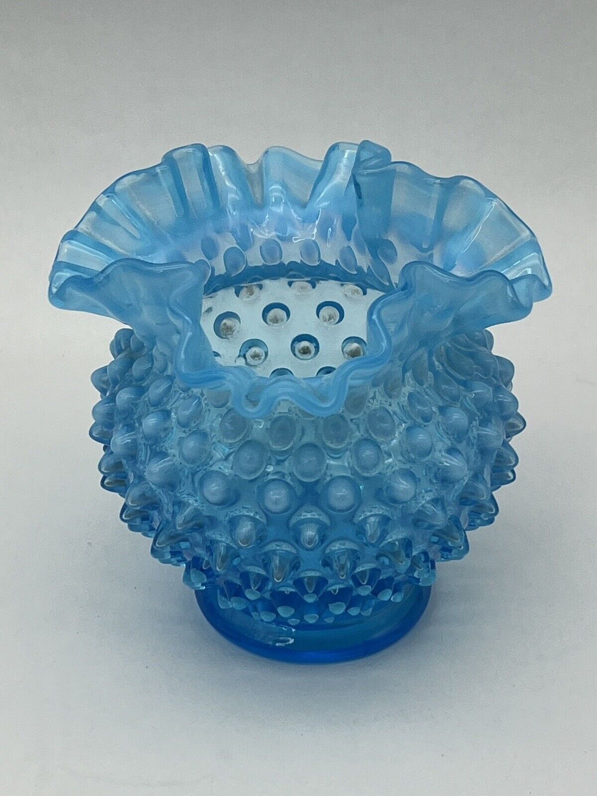 Fenton Aqua Blue Opalescent Hobnail Ruffled Crimped Edge Vintage Bud Vase