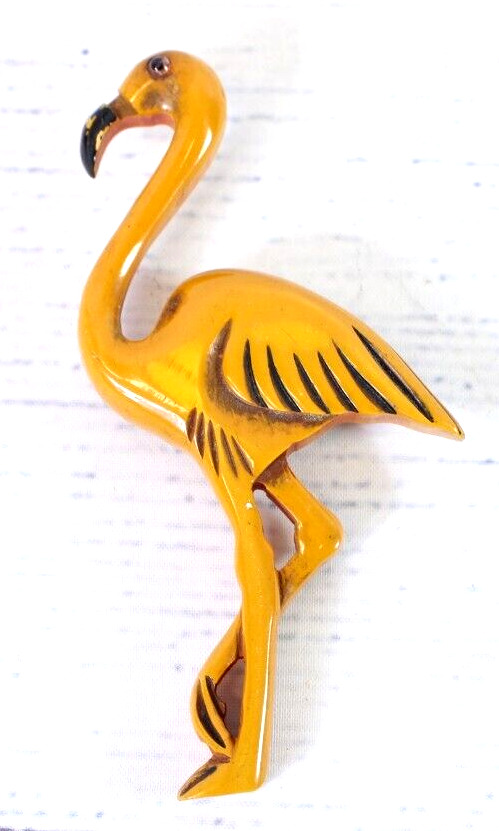 Vintage Bakelite Yellow Butterscotch Standing Flamingo Carved Brooch Pin