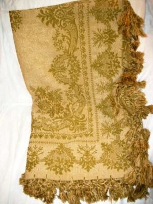 19th C. FRENCH VICTORIAN PIANO SCARF SHAWL SATIN WOVEN MATELASSE KNOTTED FRINGE