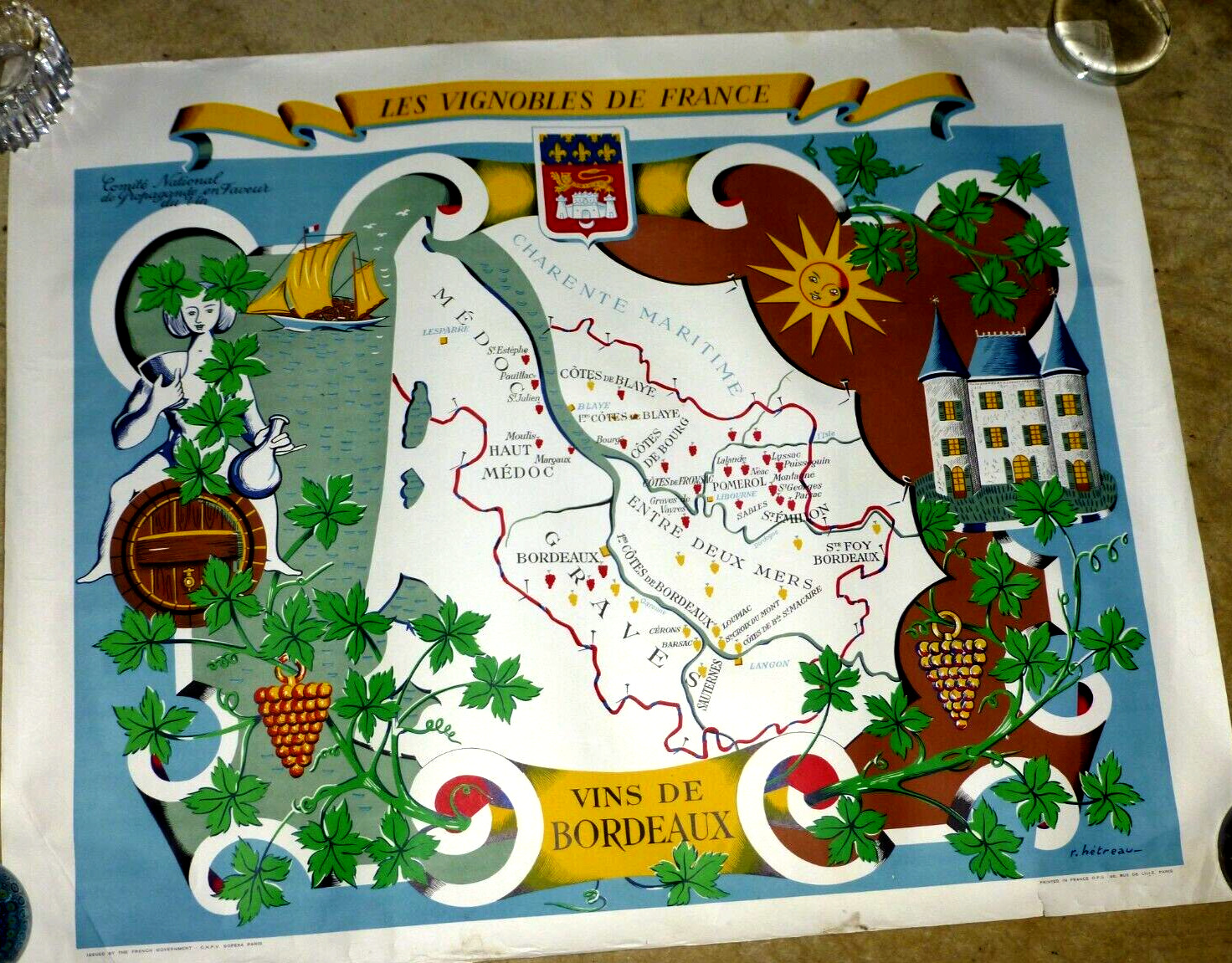 LOVELY ILLUSTRATED MAP  VIGNOBLE VINEYARDS OF FRANCE VINS DE BORDEAUX BY HETREAU