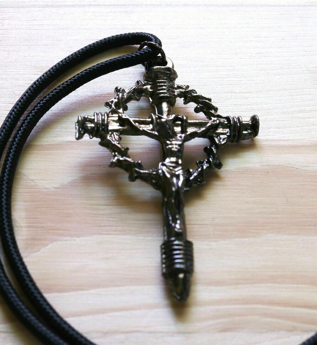 Crucifix Crown of Thorns Nails Pendant Black Paracord Necklace Catholic Mercy
