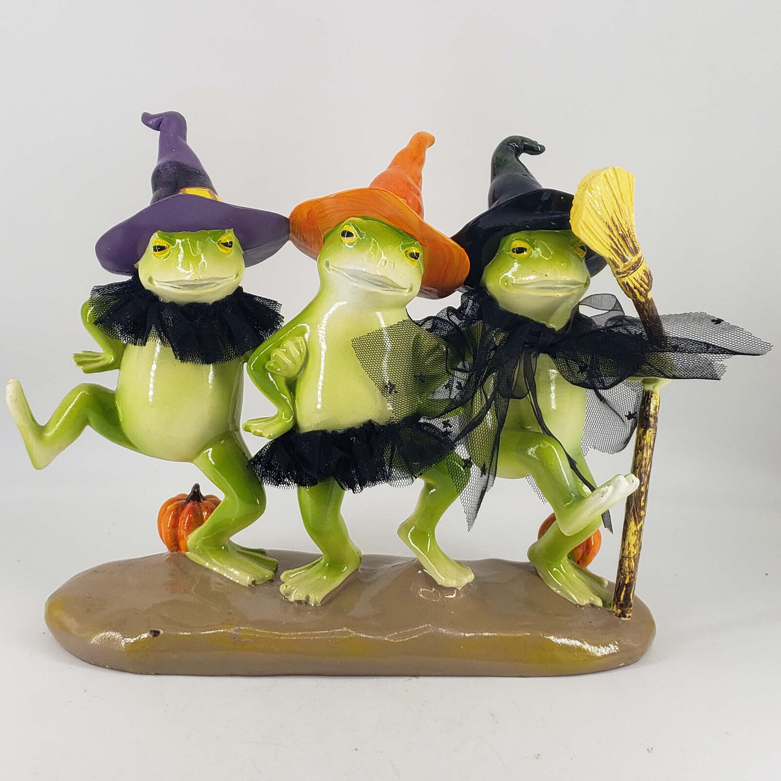 Halloween Decor 3 Frogs in Witch Hats With Pumpkins and Broom Statue