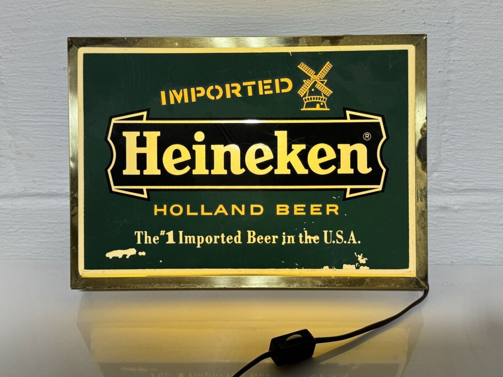 Vintage Imported Heineken Beer Lighted Sign 11.5”x8.25” Gold Trim (Working)