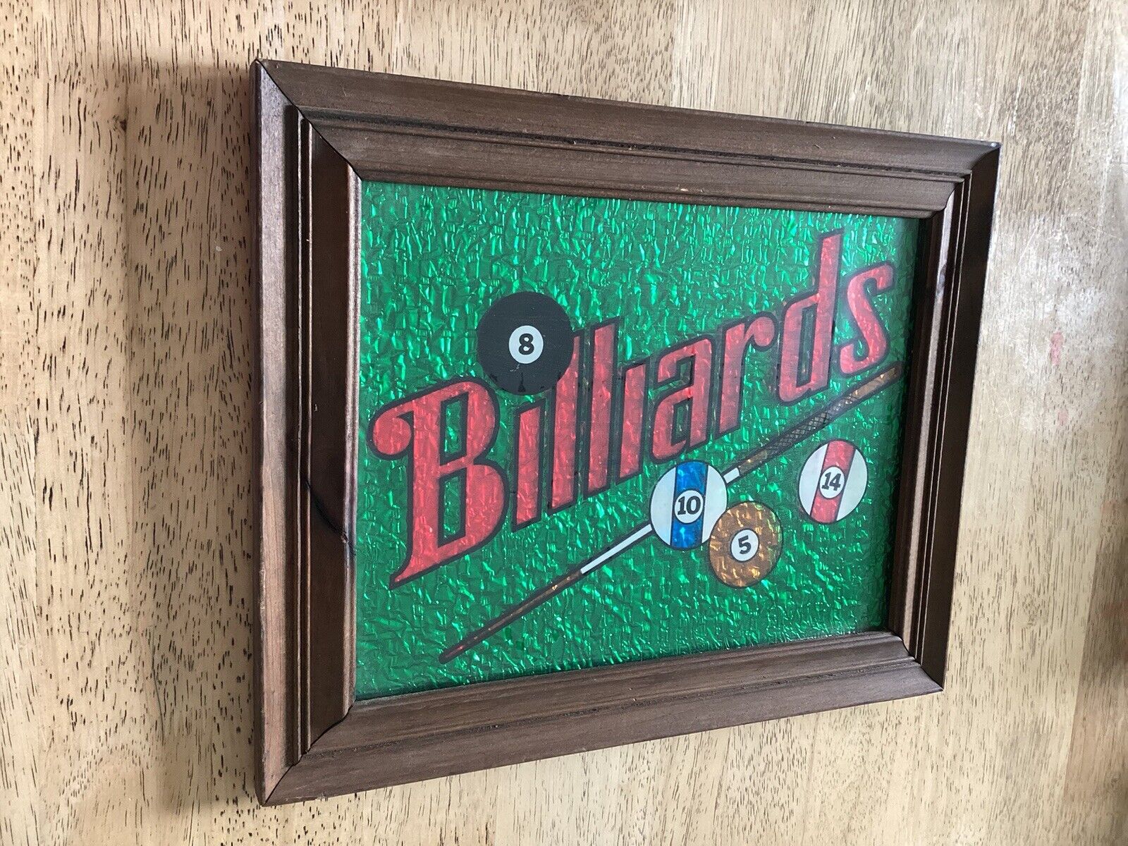 Vintage Billiards Art Deco Sign Glass Wood Frame Hanging