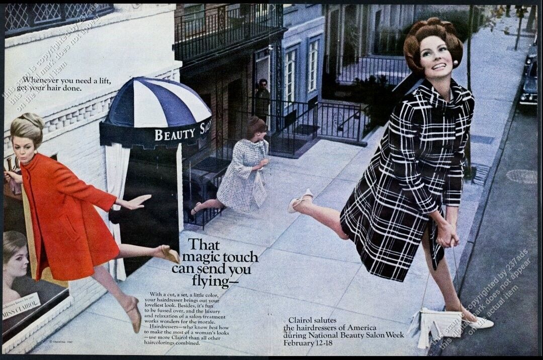 1967 flying women beauty salon photo Clairol hair color viintage print ad