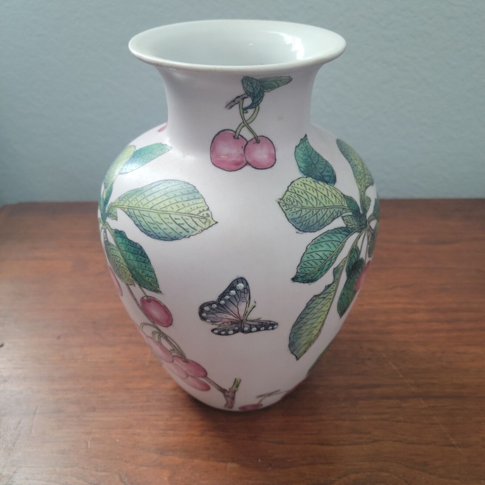 Andrea by Sedak White porcelain vase Made in China Butterflies Cherries Branches