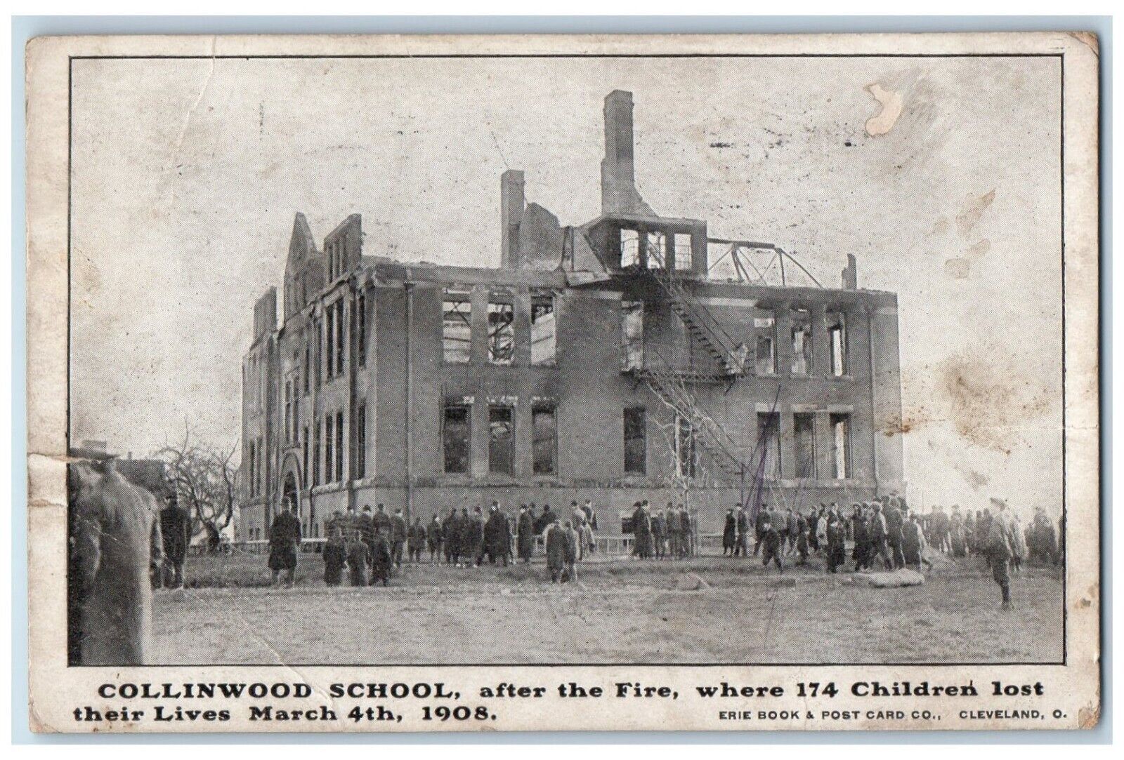 1908 Collinwood School After The Fire Where 174 Children Lost Disaster Postcard