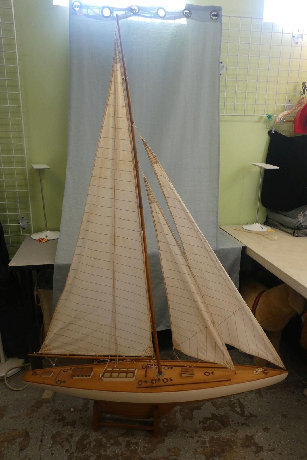Large Wooden Sailboat Model with Stand