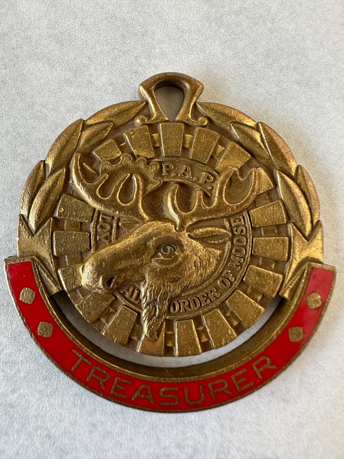 Loyal Order of the Moose LOOM TREASURER MEDAL Badge Token Gold Tone Brass 2\