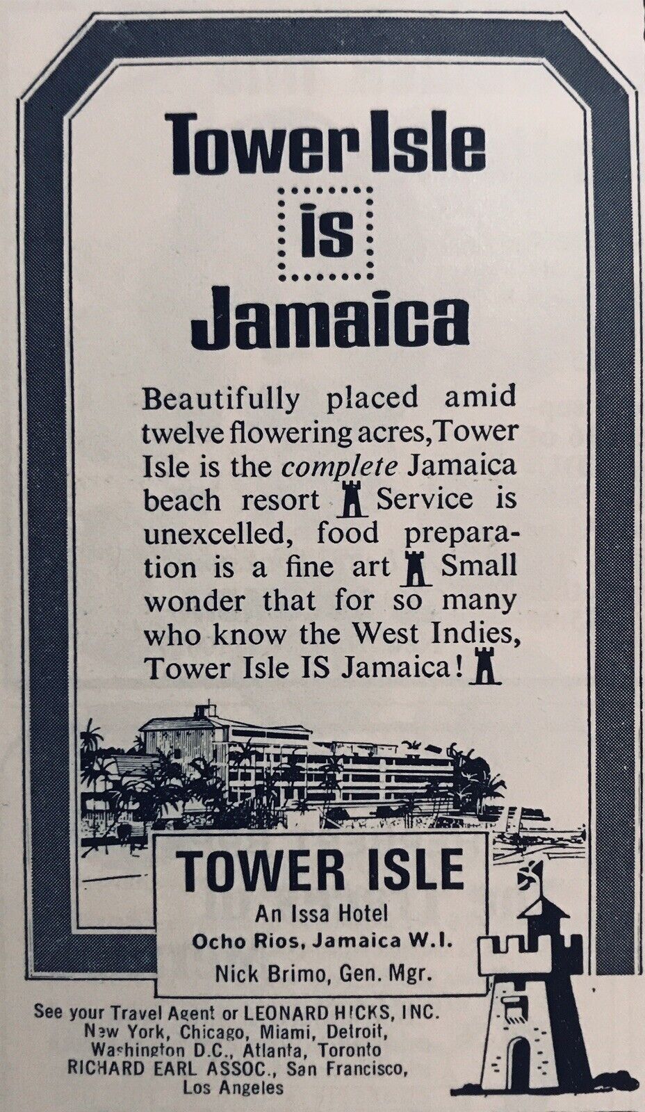 1966 TOWER ISLE HOTEL RESORT OCHO RIOS JAMAICA Vtg 4.5” AD art Promo