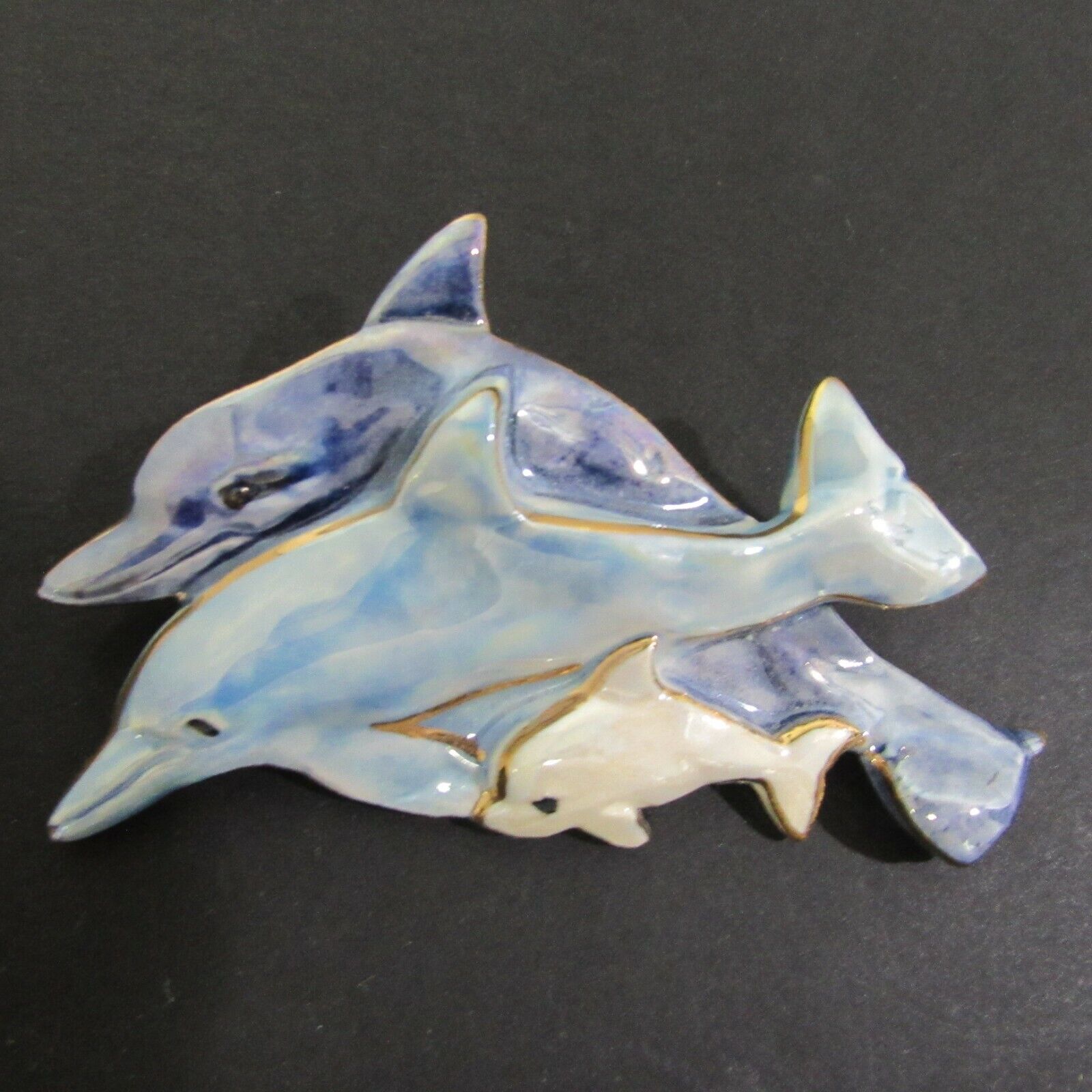 3 Dolphins Handcrafted Glazed Ceramic Pin Blue White 3.25\
