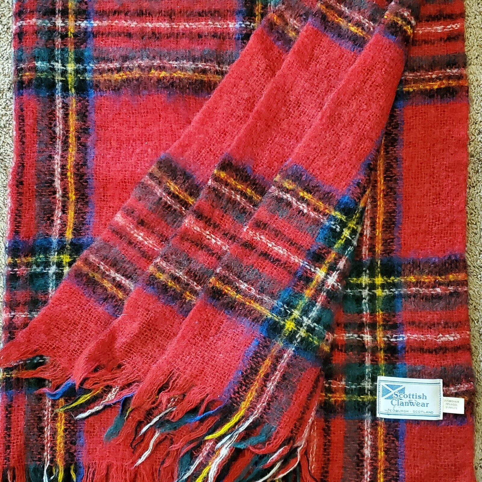 Vintage 1960s Scottish Clanwear Mohair Wool Blanket Throw Plaid 62x48 Inch