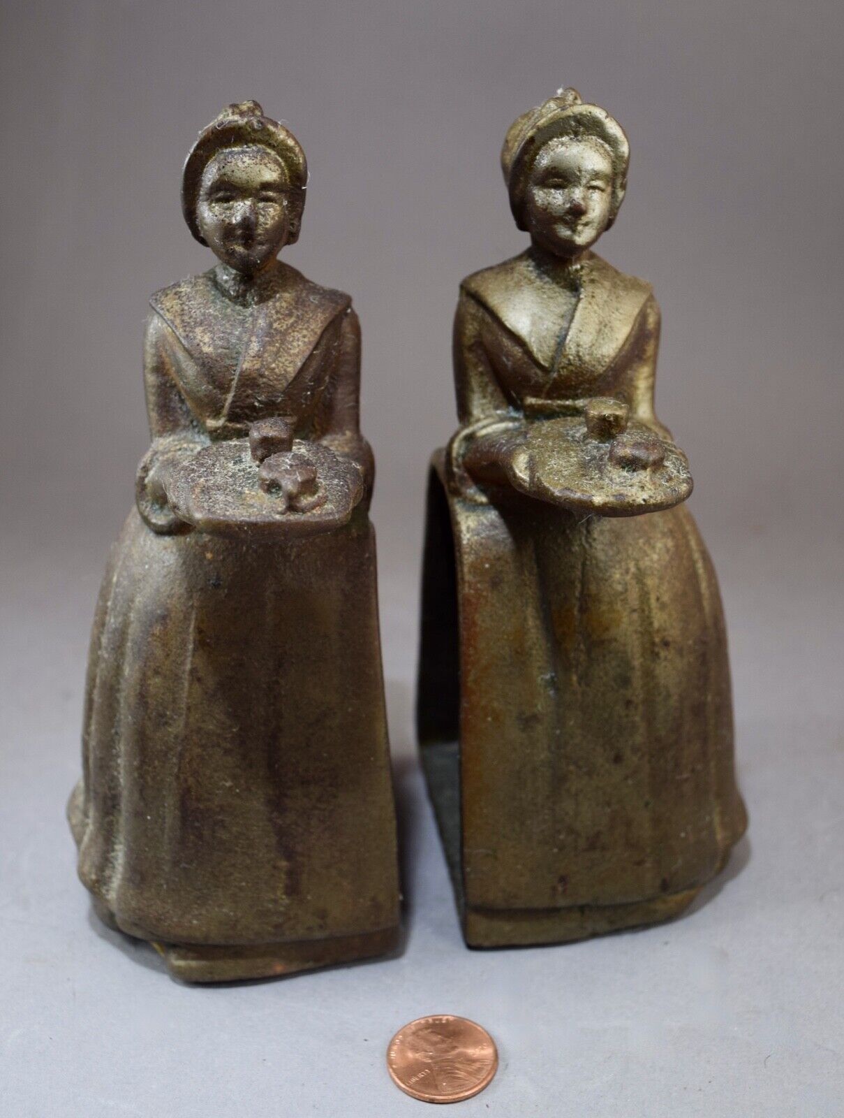 ANTIQUE BAKER\'S CHOCOLATE COMPANY LADY TRAY CAST IRON STATUE SCULPTURE BOOKENDS