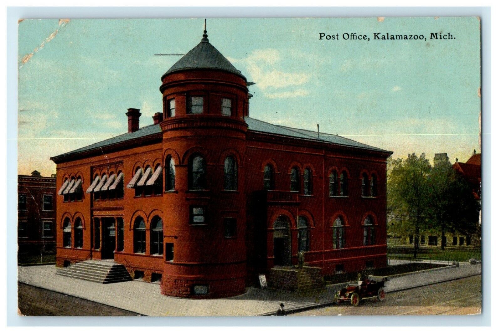 1912 Post Office Building Street View Car Kalamazoo Michigan MI Antique Postcard