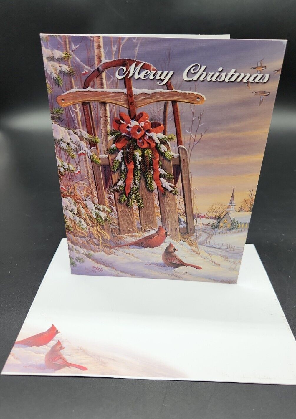 1 LANG WINTERTIME CARDINAL Linen White Glitter Christmas Card Stamp Susan Winget