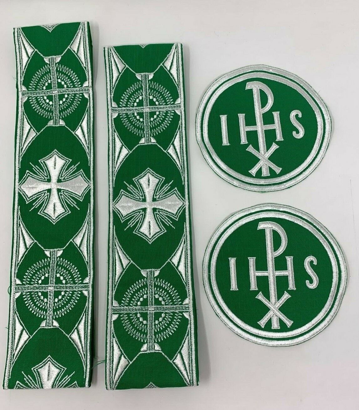 IHS PX Cross Vestment Emblems + Banding  White on Green (8 Pcs.) Lot /  Bundle