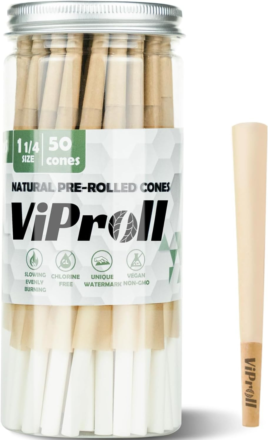 Pre Rolled Cones 1 1/4 Size 50 Pack, Natural Unbleached Cones Rolling Papers