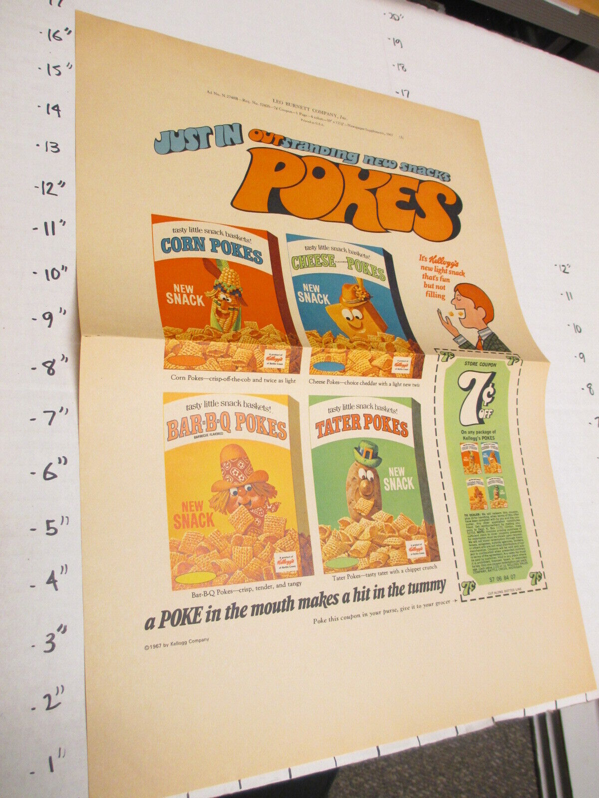 KELLOGG\'S Corn Cheese Bar-B-Q Tater POKES snack food box 1967 print ad proof