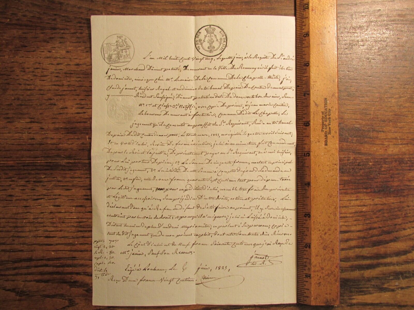 Antique Ephemera Signed French Document France  1825 w/ Fancy Stamps