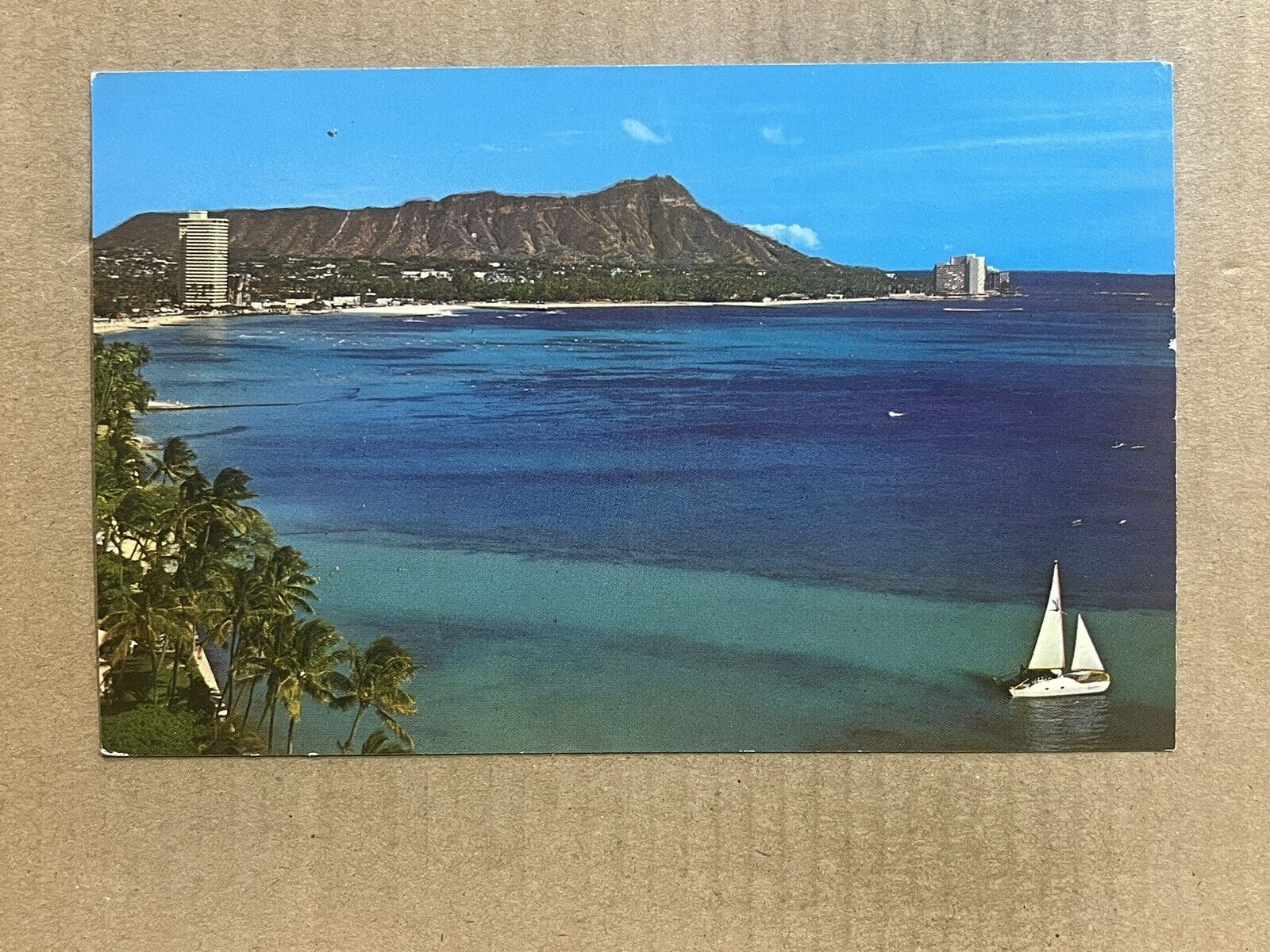 Postcard Hawaii HI Waikiki Beach Diamond Head Volcano Sailboat Vintage PC