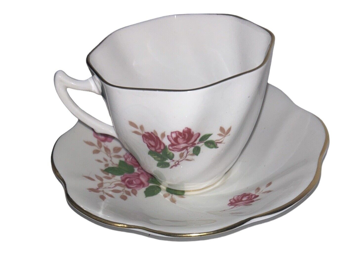 Teacup and Saucer with Pink Roses, Signed with a Crown, England