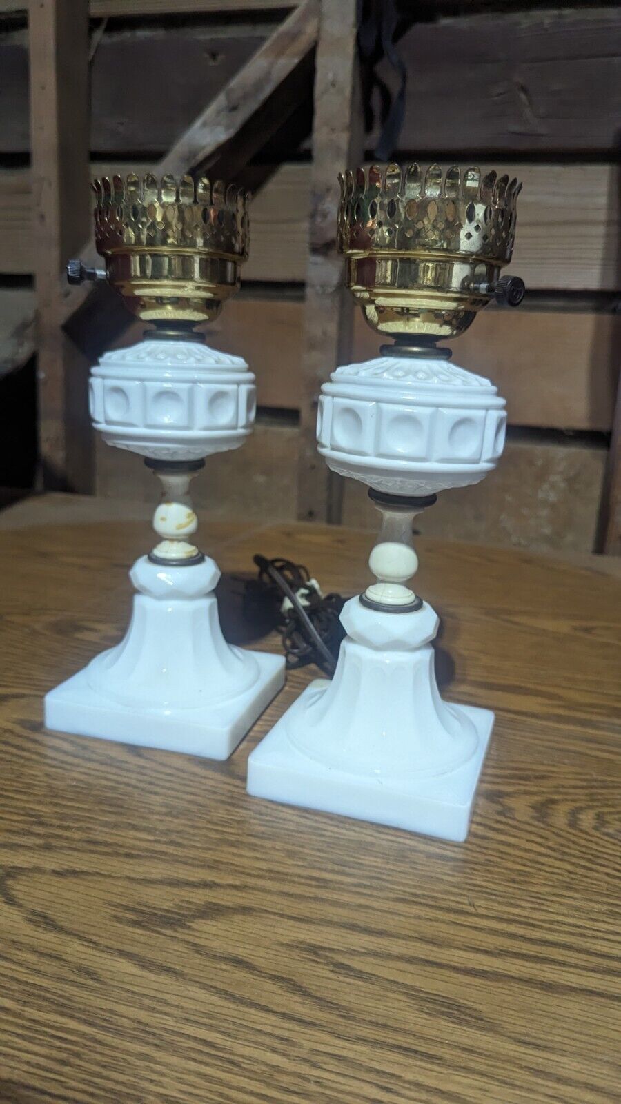 Pair of Vintage Milk Glass Table Lamps with Brass Fittings