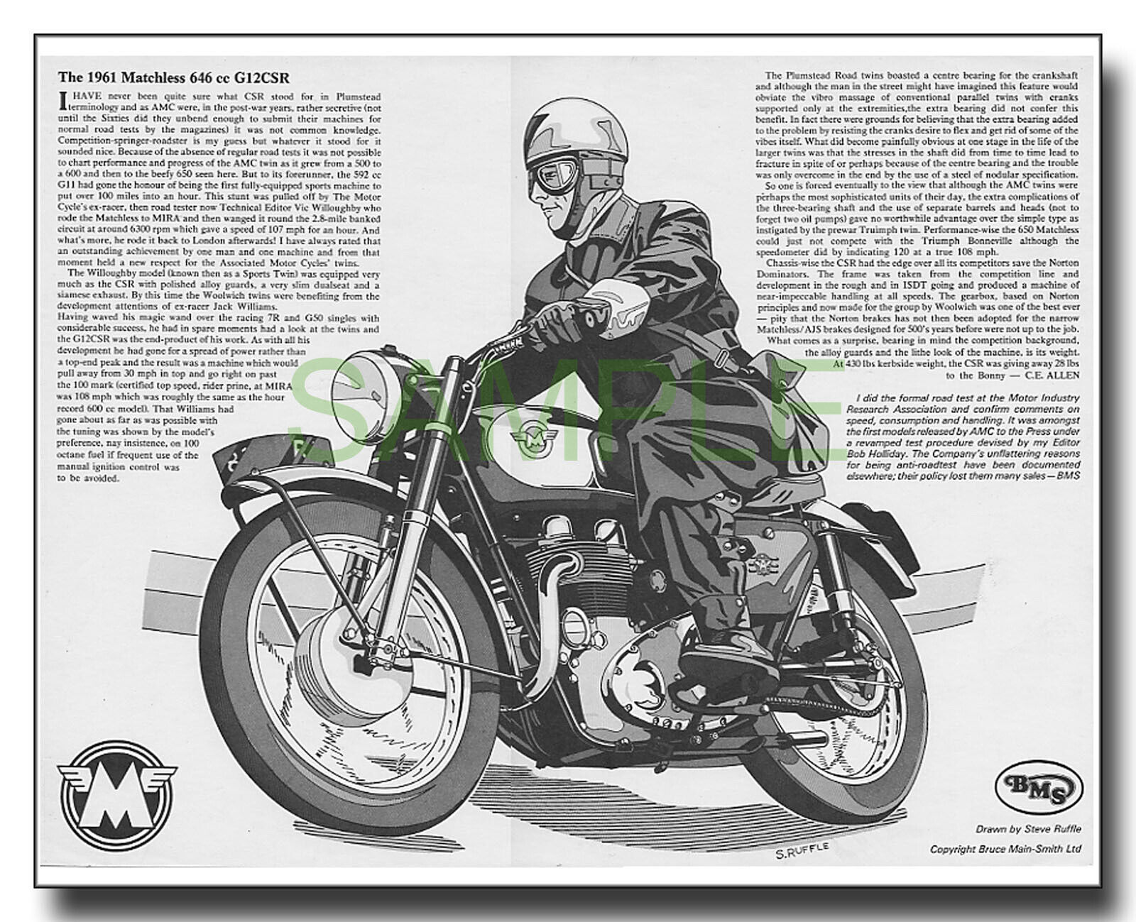 Matchless G12CSR 646cc twin AMC Plumstead 1961 framed BMS picture free p&p UK