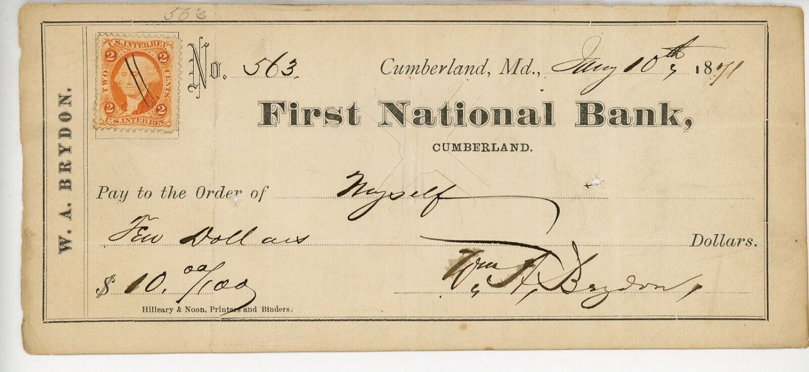 1871 Cancelled Check WA Brydon First National Bank of Cumberland MD IRS Stamp