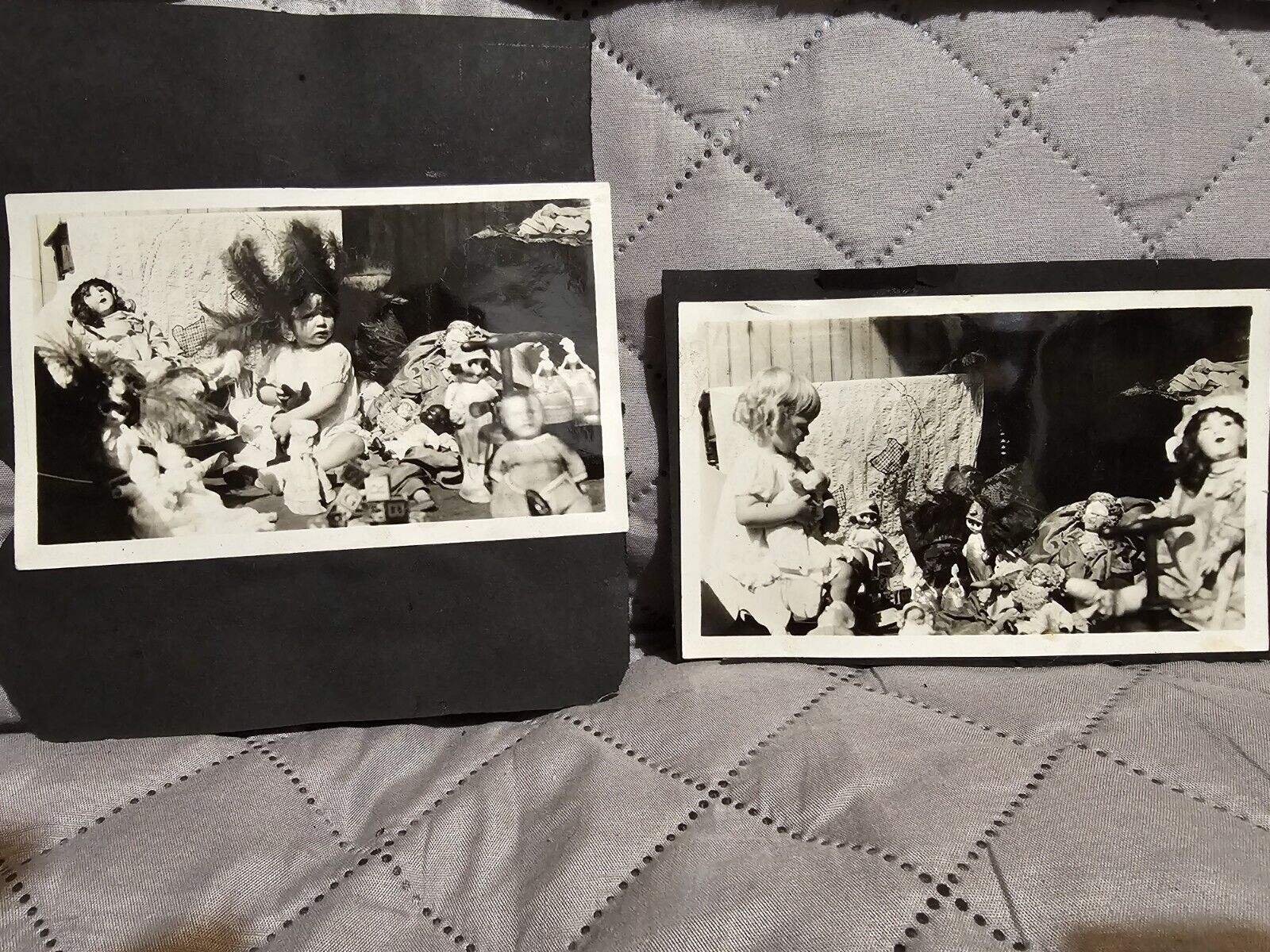 Little Girl Surrounded By Dolls Antique Snaphot Creppy Photographs Lot Of 2