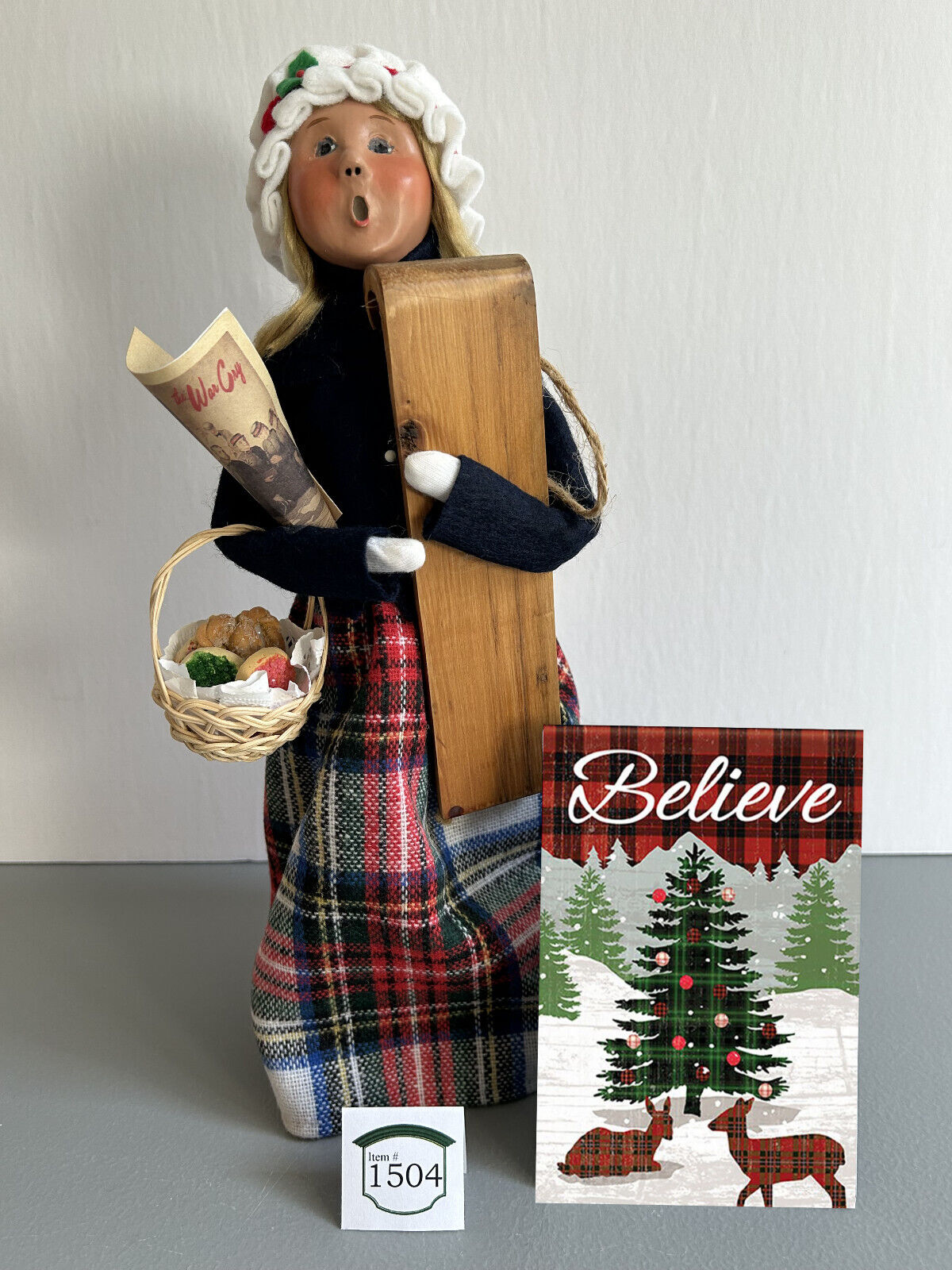 Byers Choice Shopping Woman with Cookies, Sled & War Cry plus Accessory Sign