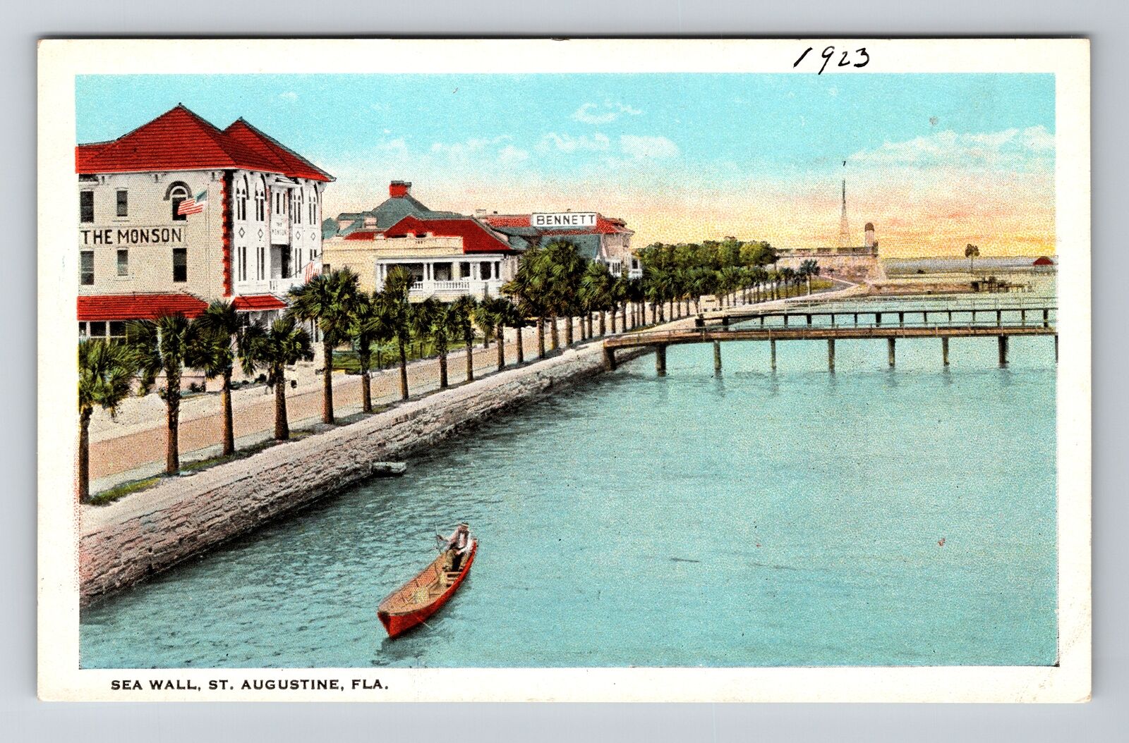 St. Augustine FL-Florida, Sea Wall, Canoeing, The Monson Bldg., Vintage Postcard