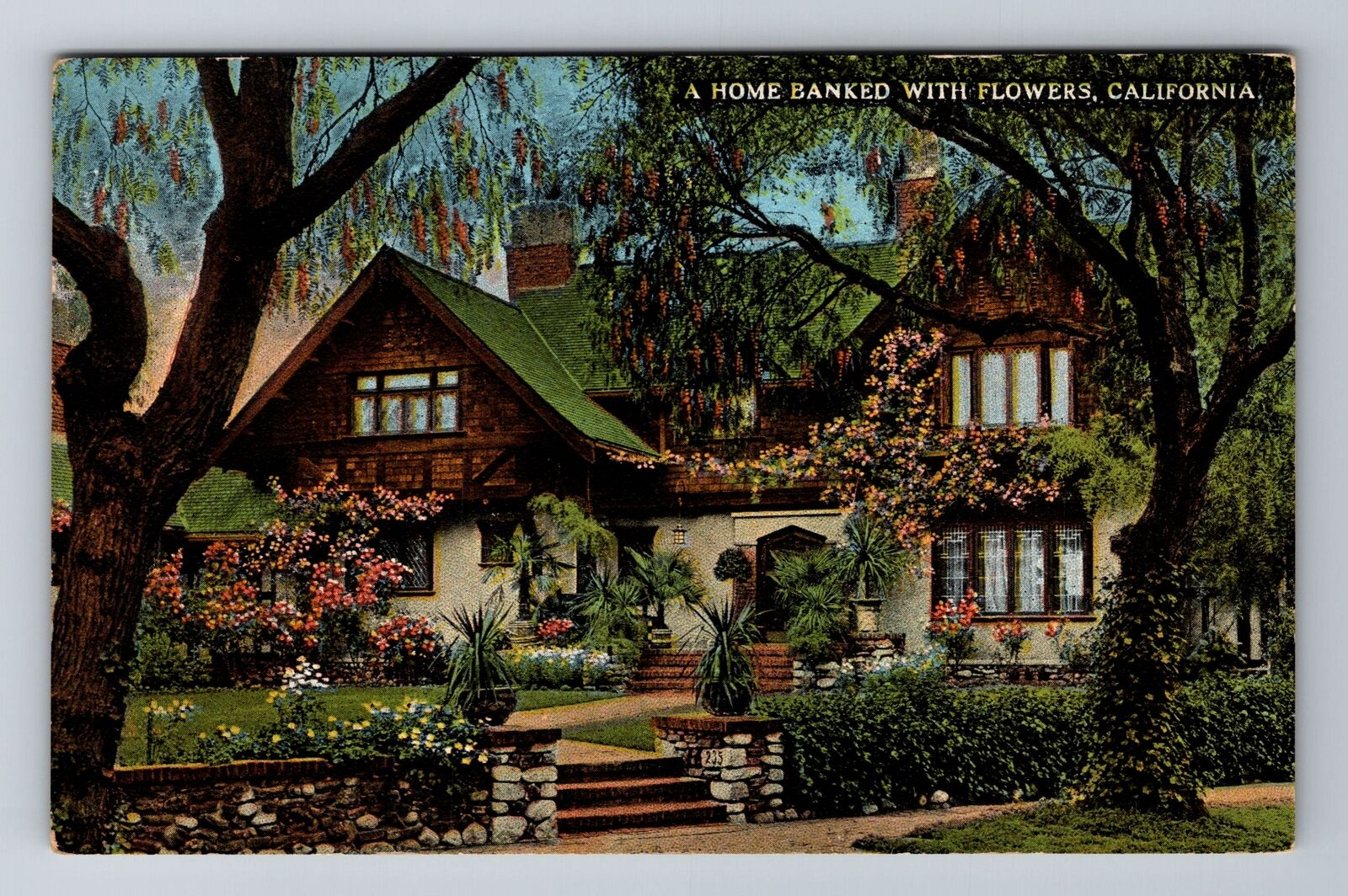 California, CA-California, A Home Banked With Flowers Antiqu, Vintage Postcard