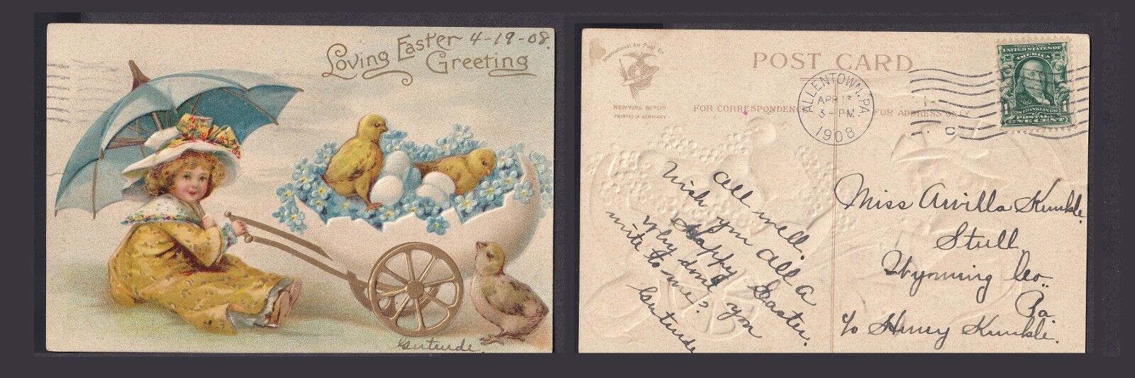 Loving Easter Greeting Girl Blue Umbrella Chicks Eggs 1908 Vintage Used Postcard